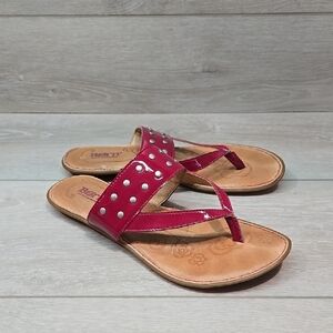 Born Women Leather T Strap Red Studded Flats Sandals Shoes Sz 8